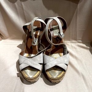 Valentino Garavani Women's Pink Suede Wedge Heel Ankle Strap Sandals size 37.5